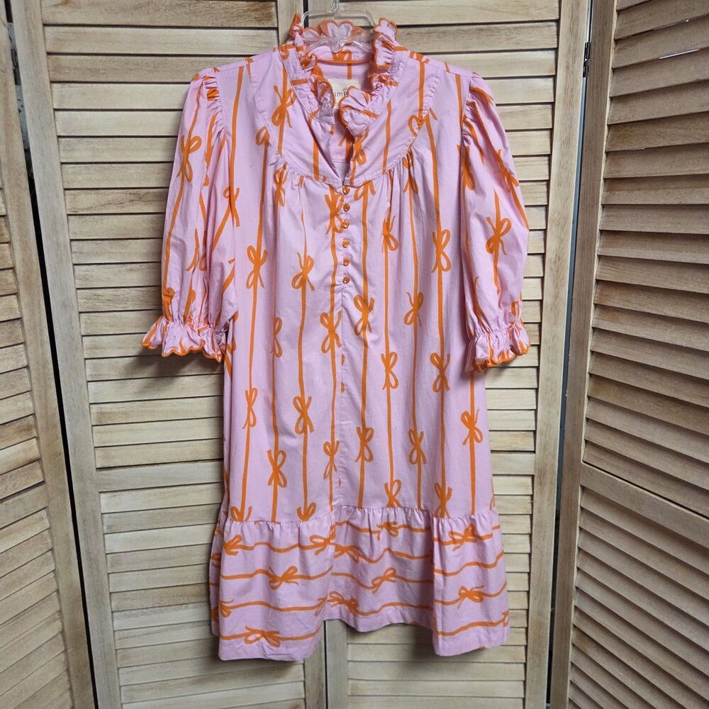 Umgee Dress Pink With Orange Bows XL Tiered Puff Sleeves Cottagecore